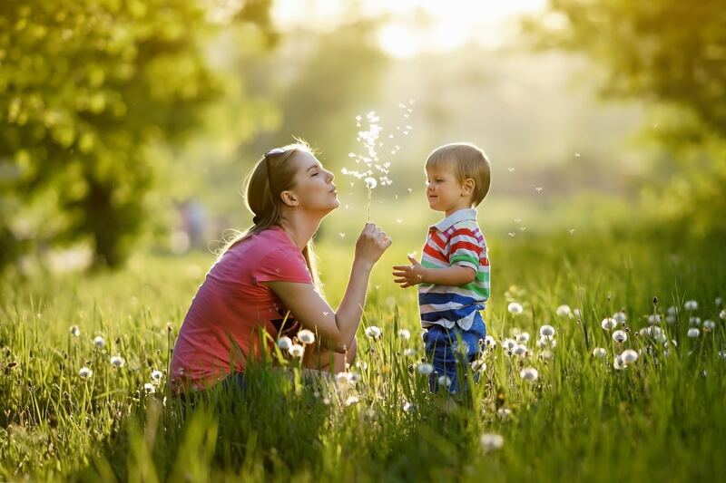 Mutter und Kind pusten eine Pusteblume auf einer Löwenzahnwiese